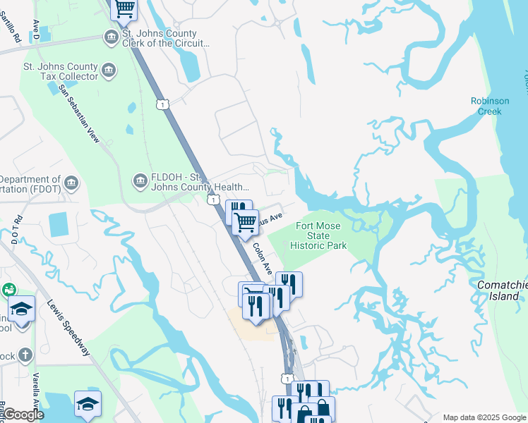 map of restaurants, bars, coffee shops, grocery stores, and more near 24 Poinciana Avenue in St. Augustine