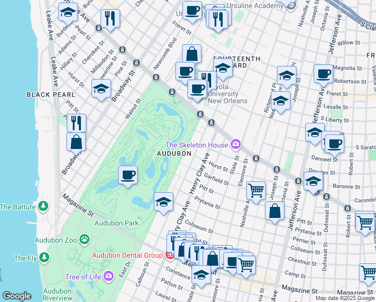 map of restaurants, bars, coffee shops, grocery stores, and more near 1503 Exposition Boulevard in New Orleans
