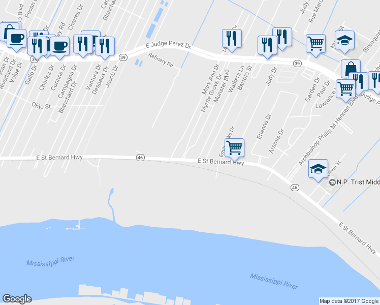 map of restaurants, bars, coffee shops, grocery stores, and more near 2009 Munster Boulevard in Meraux