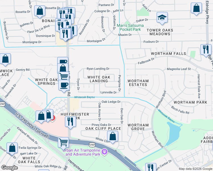 map of restaurants, bars, coffee shops, grocery stores, and more near 10711 Allens Landing Drive in Houston