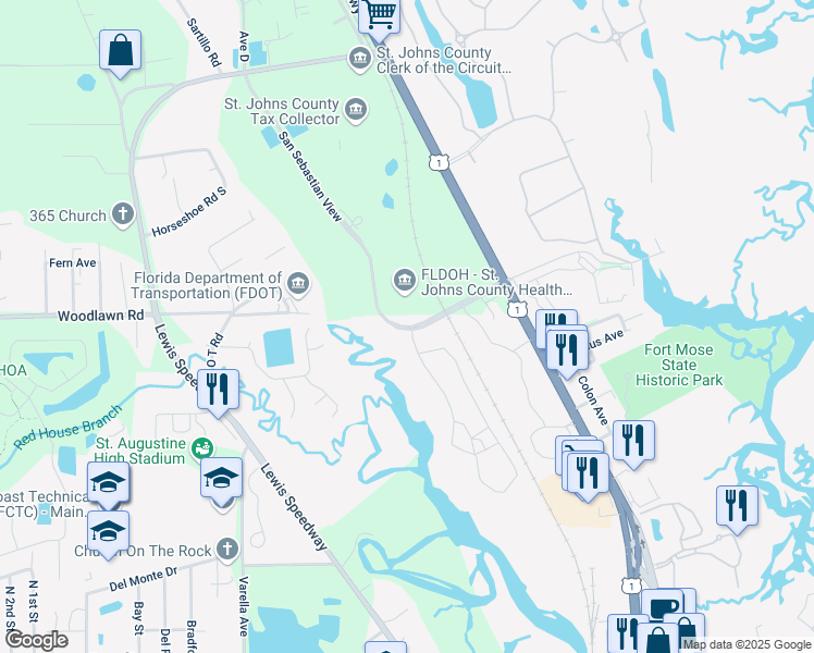 map of restaurants, bars, coffee shops, grocery stores, and more near 119 San Sebastian View in St. Augustine