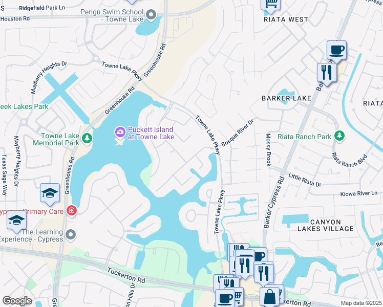 map of restaurants, bars, coffee shops, grocery stores, and more near 18106 Dockside Landing Drive in Cypress