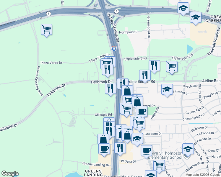 map of restaurants, bars, coffee shops, grocery stores, and more near 11287 North Freeway Service Road in Houston