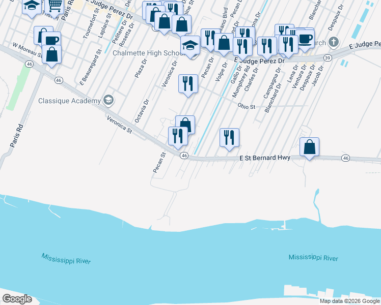 map of restaurants, bars, coffee shops, grocery stores, and more near 2010 Chalona Drive in Chalmette