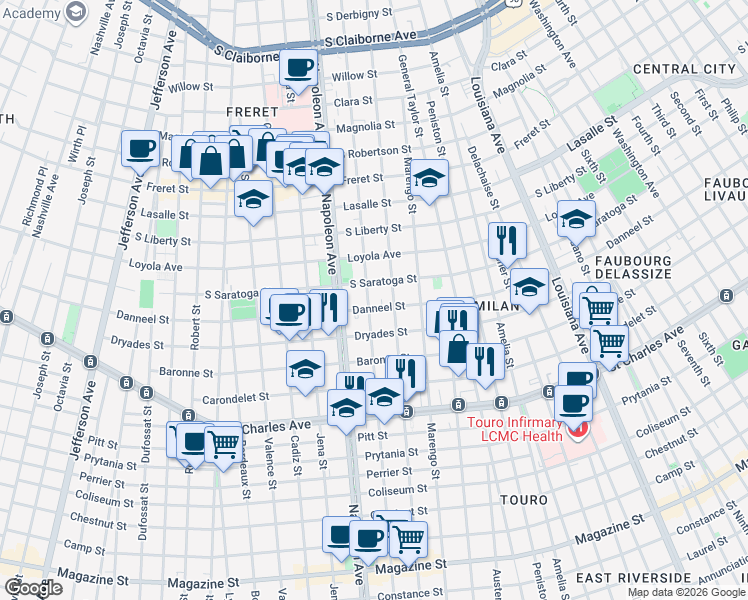 map of restaurants, bars, coffee shops, grocery stores, and more near 2008 Milan Street in New Orleans