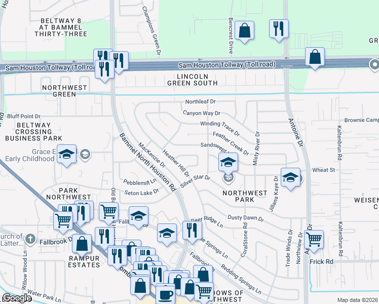 map of restaurants, bars, coffee shops, grocery stores, and more near 7014 Trail Valley Way in Houston