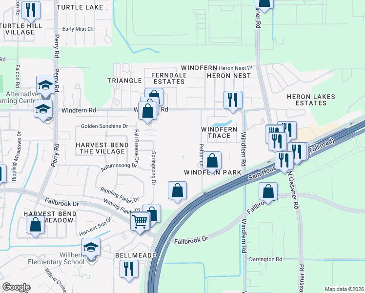 map of restaurants, bars, coffee shops, grocery stores, and more near 11717 Windfern Road in Houston
