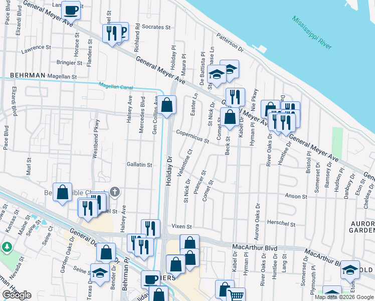 map of restaurants, bars, coffee shops, grocery stores, and more near 2249 Valentine Court in New Orleans