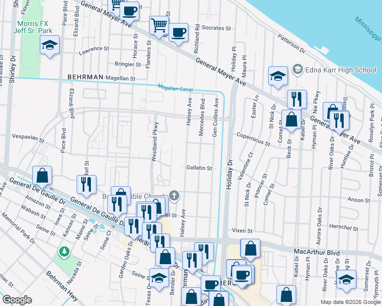 map of restaurants, bars, coffee shops, grocery stores, and more near 2227 Mercedes Boulevard in New Orleans