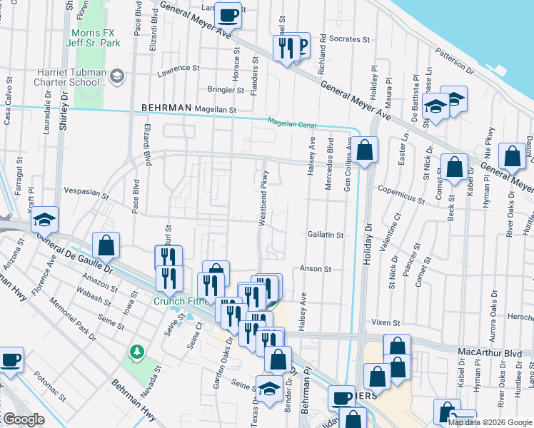 map of restaurants, bars, coffee shops, grocery stores, and more near 2144 Westbend Parkway in New Orleans