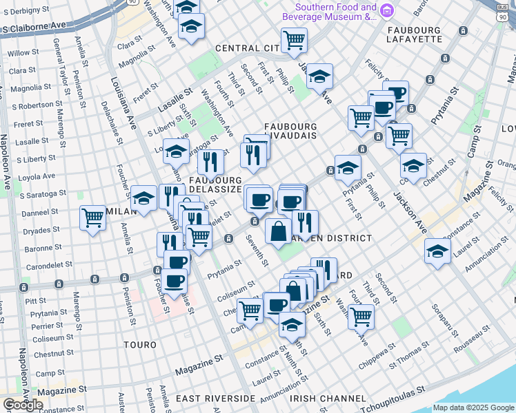map of restaurants, bars, coffee shops, grocery stores, and more near 2833 Saint Charles Avenue in New Orleans