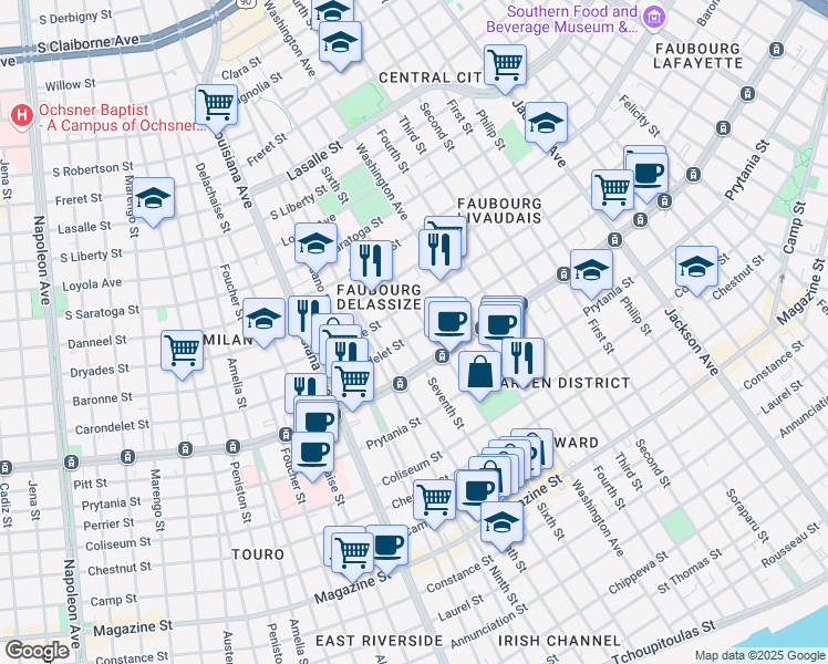 map of restaurants, bars, coffee shops, grocery stores, and more near 2913 Carondelet Street in New Orleans