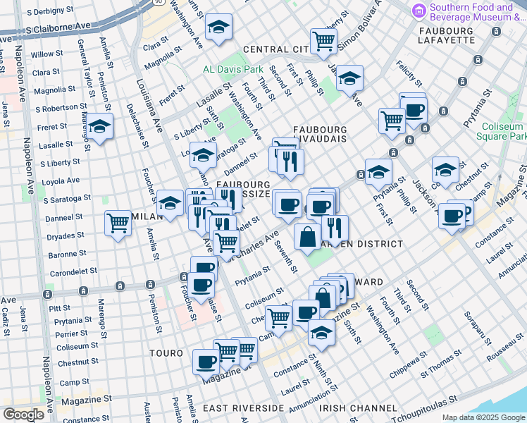 map of restaurants, bars, coffee shops, grocery stores, and more near 2913 Carondelet Street in New Orleans