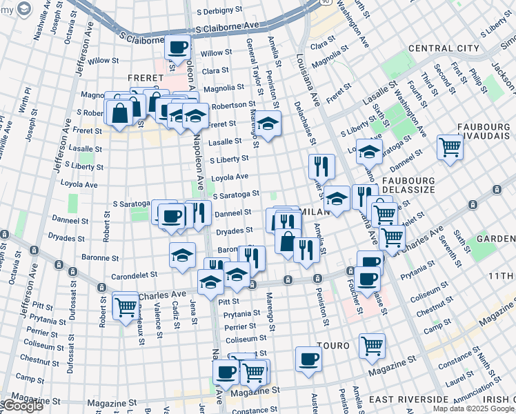 map of restaurants, bars, coffee shops, grocery stores, and more near 2010 Marengo Street in New Orleans