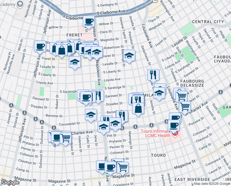 map of restaurants, bars, coffee shops, grocery stores, and more near 2008 Milan Street in New Orleans