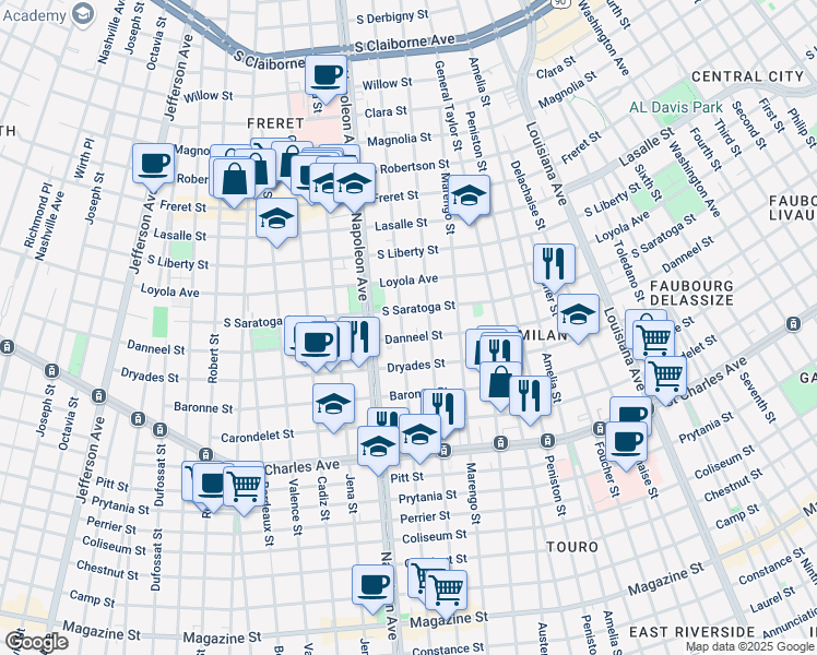 map of restaurants, bars, coffee shops, grocery stores, and more near 2008 Milan Street in New Orleans