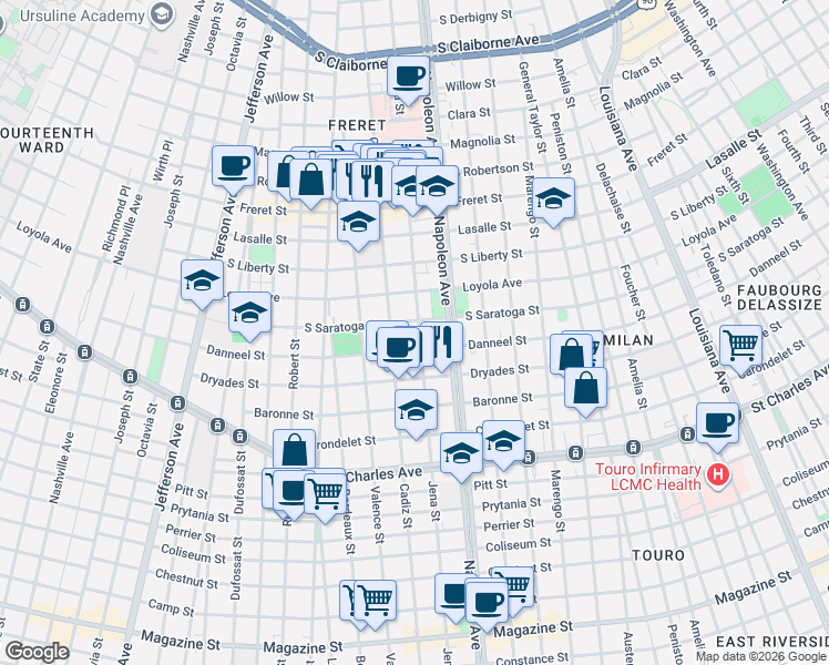 map of restaurants, bars, coffee shops, grocery stores, and more near 2025 Jena Street in New Orleans