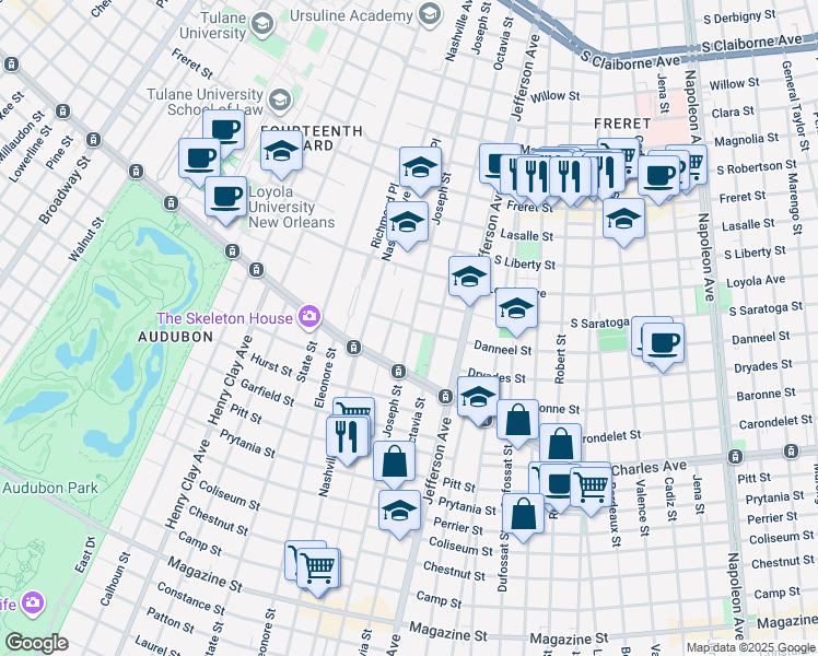 map of restaurants, bars, coffee shops, grocery stores, and more near 5515 Danneel Street in New Orleans