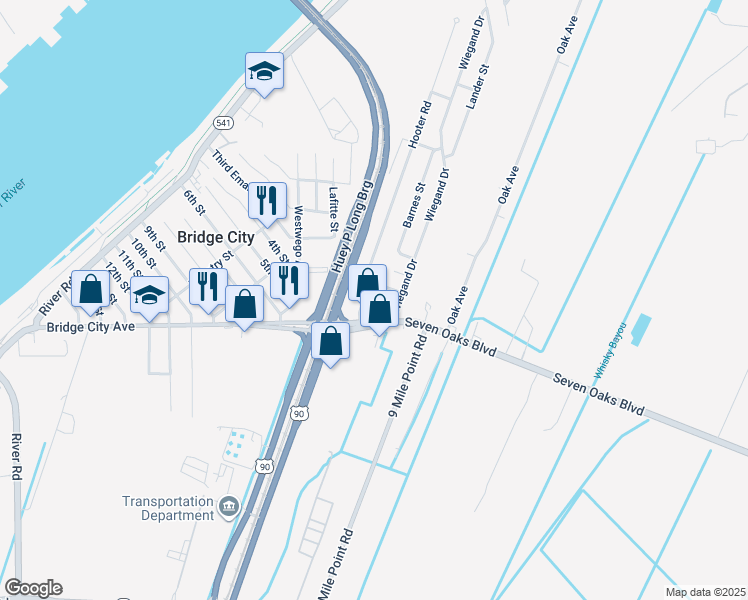 map of restaurants, bars, coffee shops, grocery stores, and more near 1312 Bolo Court in Bridge City