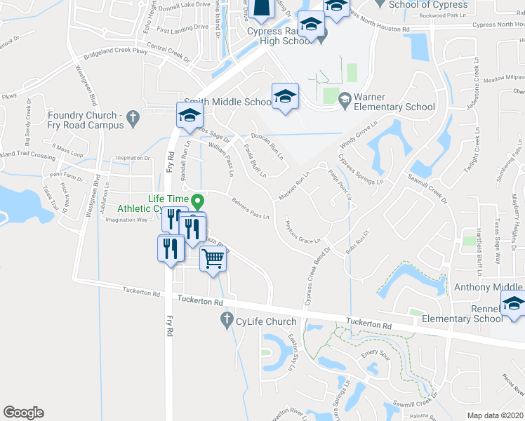 map of restaurants, bars, coffee shops, grocery stores, and more near 20510 Behrens Pass Lane in Cypress