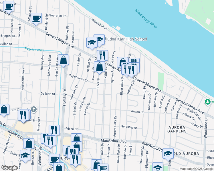 map of restaurants, bars, coffee shops, grocery stores, and more near 1300 Kabel Drive in New Orleans