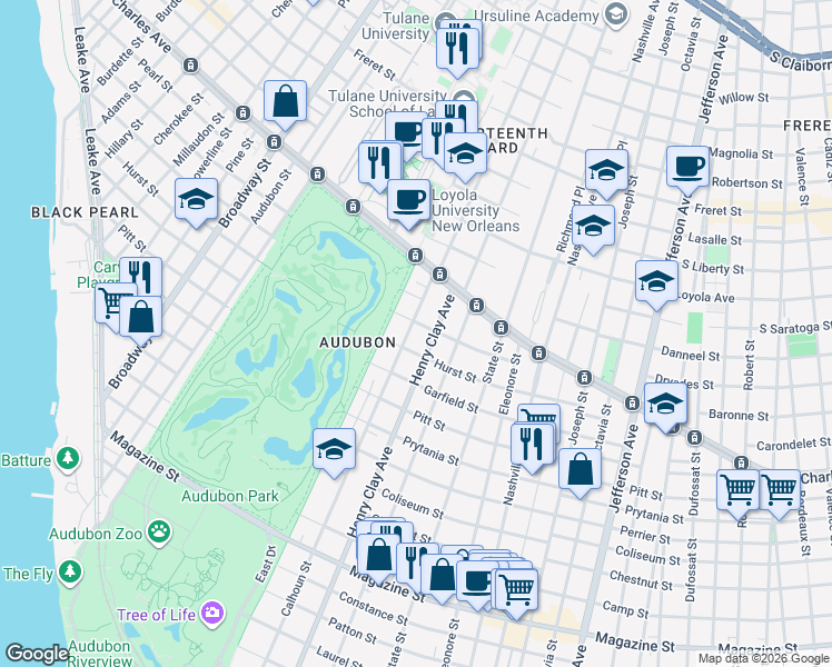 map of restaurants, bars, coffee shops, grocery stores, and more near 1527 Calhoun Street in New Orleans
