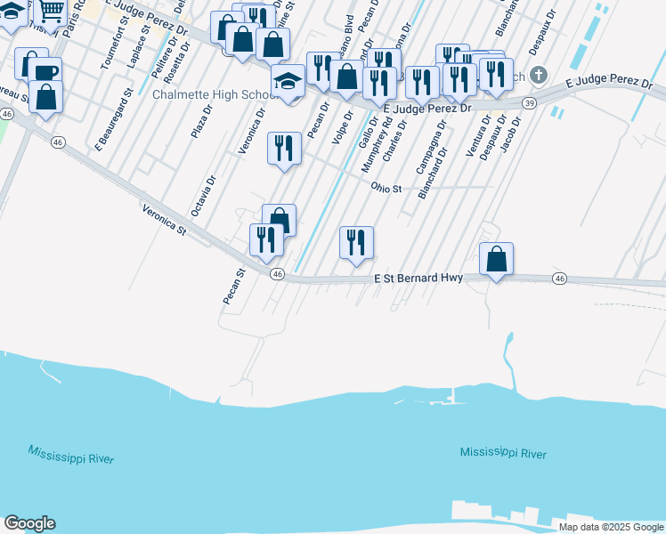 map of restaurants, bars, coffee shops, grocery stores, and more near 2012 Charles Drive in Chalmette