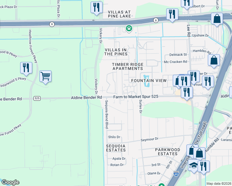 map of restaurants, bars, coffee shops, grocery stores, and more near 5015 Aldine Bender Road in Houston