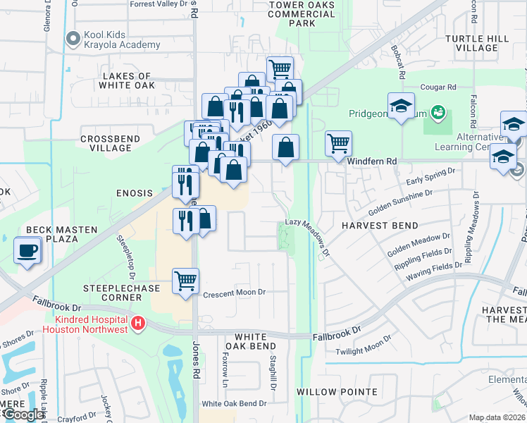 map of restaurants, bars, coffee shops, grocery stores, and more near 10811 Moonlit Meadows Court in Houston