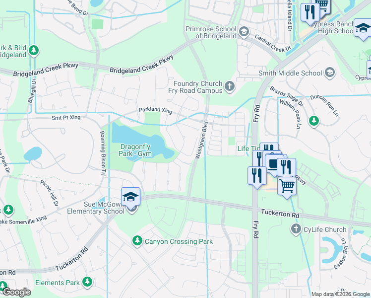 map of restaurants, bars, coffee shops, grocery stores, and more near 15826 Pilot Knob Drive in Cypress