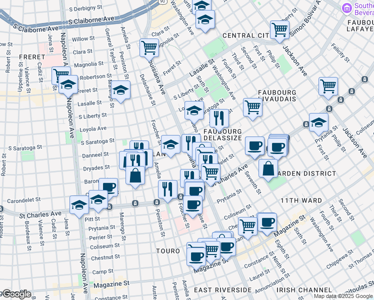 map of restaurants, bars, coffee shops, grocery stores, and more near 1838 Louisiana Avenue in New Orleans