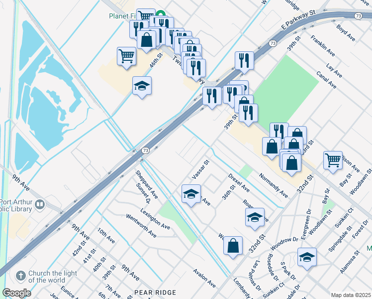 map of restaurants, bars, coffee shops, grocery stores, and more near 4513 Briarwood Lane in Port Arthur