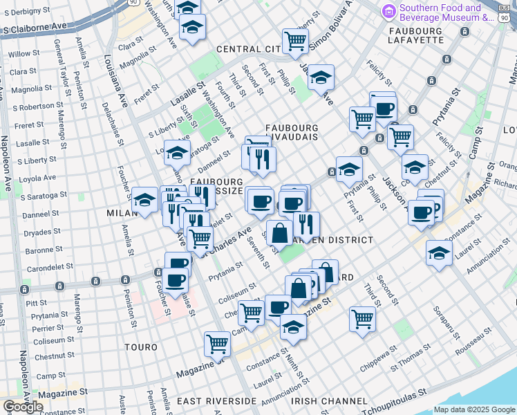 map of restaurants, bars, coffee shops, grocery stores, and more near 2833 Saint Charles Avenue in New Orleans