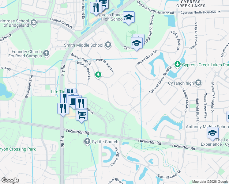 map of restaurants, bars, coffee shops, grocery stores, and more near 10103 Peytons Grace Lane in Harris County
