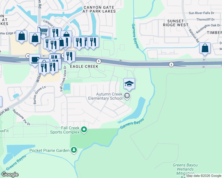 map of restaurants, bars, coffee shops, grocery stores, and more near 14838 Fall Creek Preserve Drive in Humble