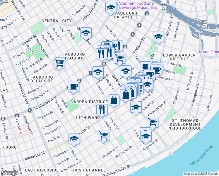 map of restaurants, bars, coffee shops, grocery stores, and more near 1332 Philip Street in New Orleans
