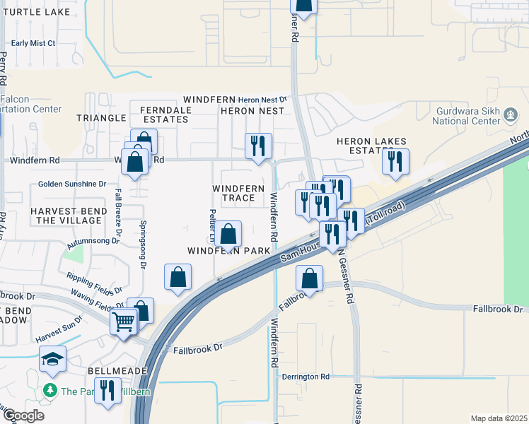 map of restaurants, bars, coffee shops, grocery stores, and more near 8815 Windfern Trace Drive in Houston