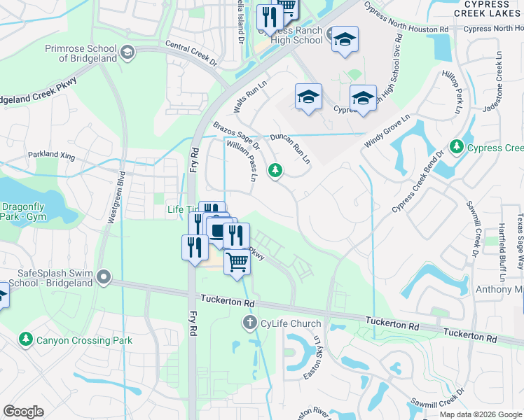 map of restaurants, bars, coffee shops, grocery stores, and more near 20615 Behrens Pass Lane in Cypress
