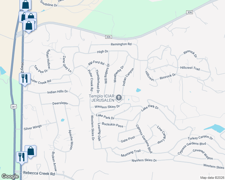map of restaurants, bars, coffee shops, grocery stores, and more near 446 Weatherby Drive in Spring Branch