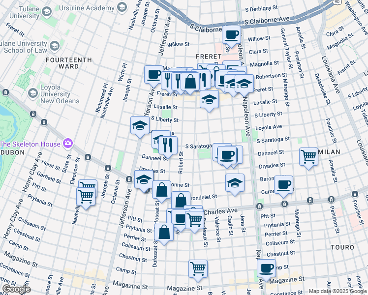 map of restaurants, bars, coffee shops, grocery stores, and more near 4920 South Saratoga Street in New Orleans