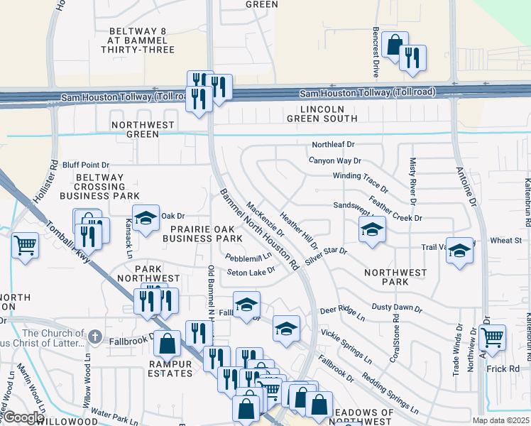 map of restaurants, bars, coffee shops, grocery stores, and more near 10614 MacKenzie Drive in Houston