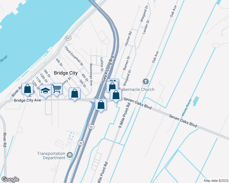 map of restaurants, bars, coffee shops, grocery stores, and more near 1312 Bolo Court in Bridge City