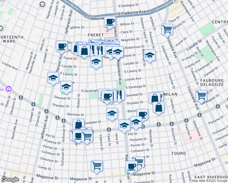 map of restaurants, bars, coffee shops, grocery stores, and more near 2025 Jena Street in New Orleans