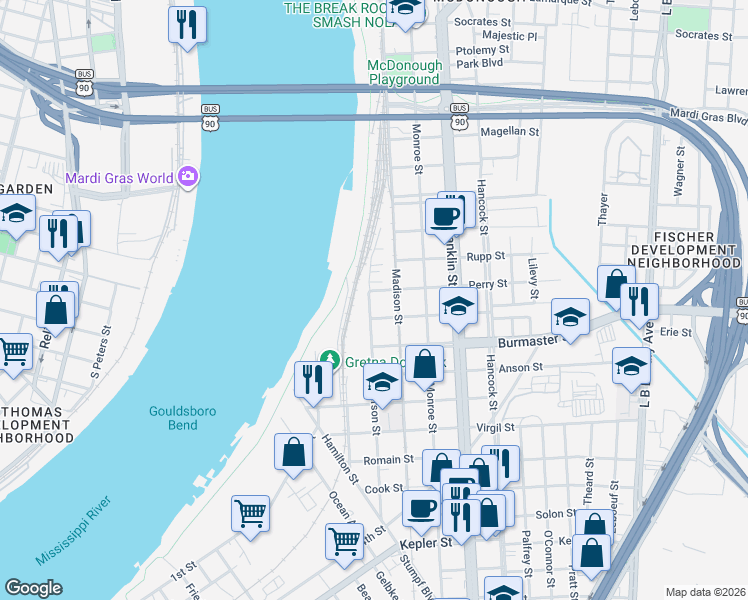 map of restaurants, bars, coffee shops, grocery stores, and more near 803 Jefferson Street in Gretna