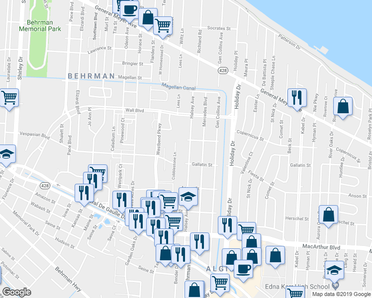 map of restaurants, bars, coffee shops, grocery stores, and more near 2223 Halsey Avenue in New Orleans
