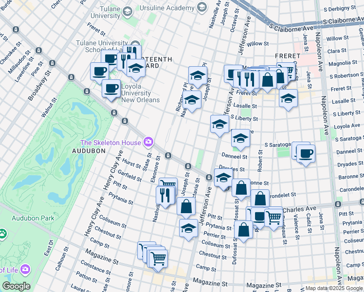 map of restaurants, bars, coffee shops, grocery stores, and more near 1636 Arabella Street in New Orleans