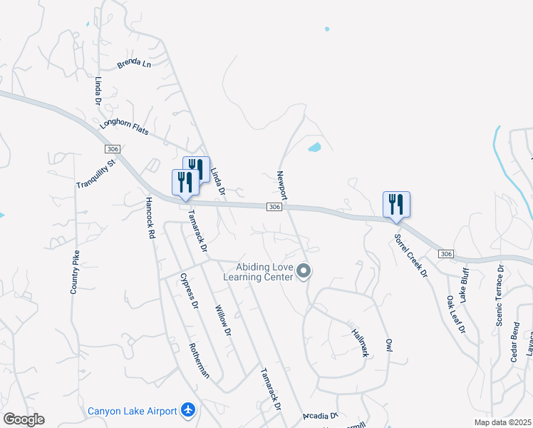 map of restaurants, bars, coffee shops, grocery stores, and more near 20605 Farm to Market Road 306 in Canyon Lake