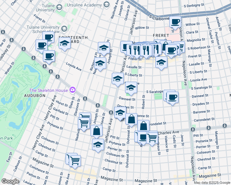 map of restaurants, bars, coffee shops, grocery stores, and more near 1824 Jefferson Avenue in New Orleans