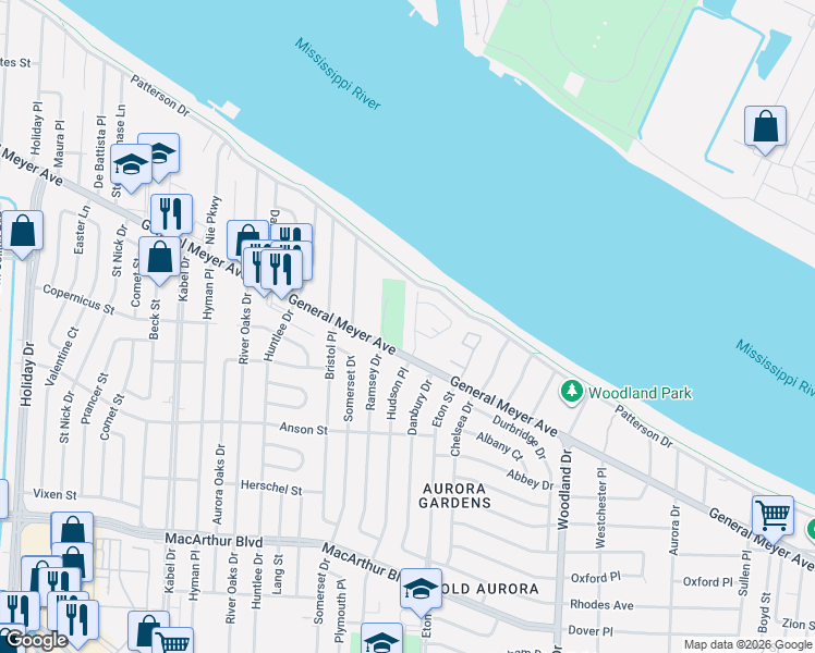 map of restaurants, bars, coffee shops, grocery stores, and more near 9 Navigation Court in New Orleans