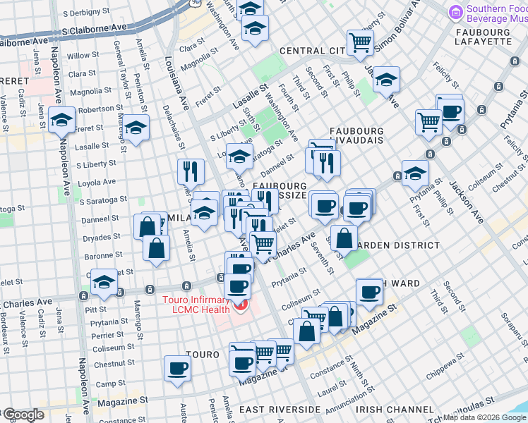 map of restaurants, bars, coffee shops, grocery stores, and more near 1820 Toledano Street in New Orleans